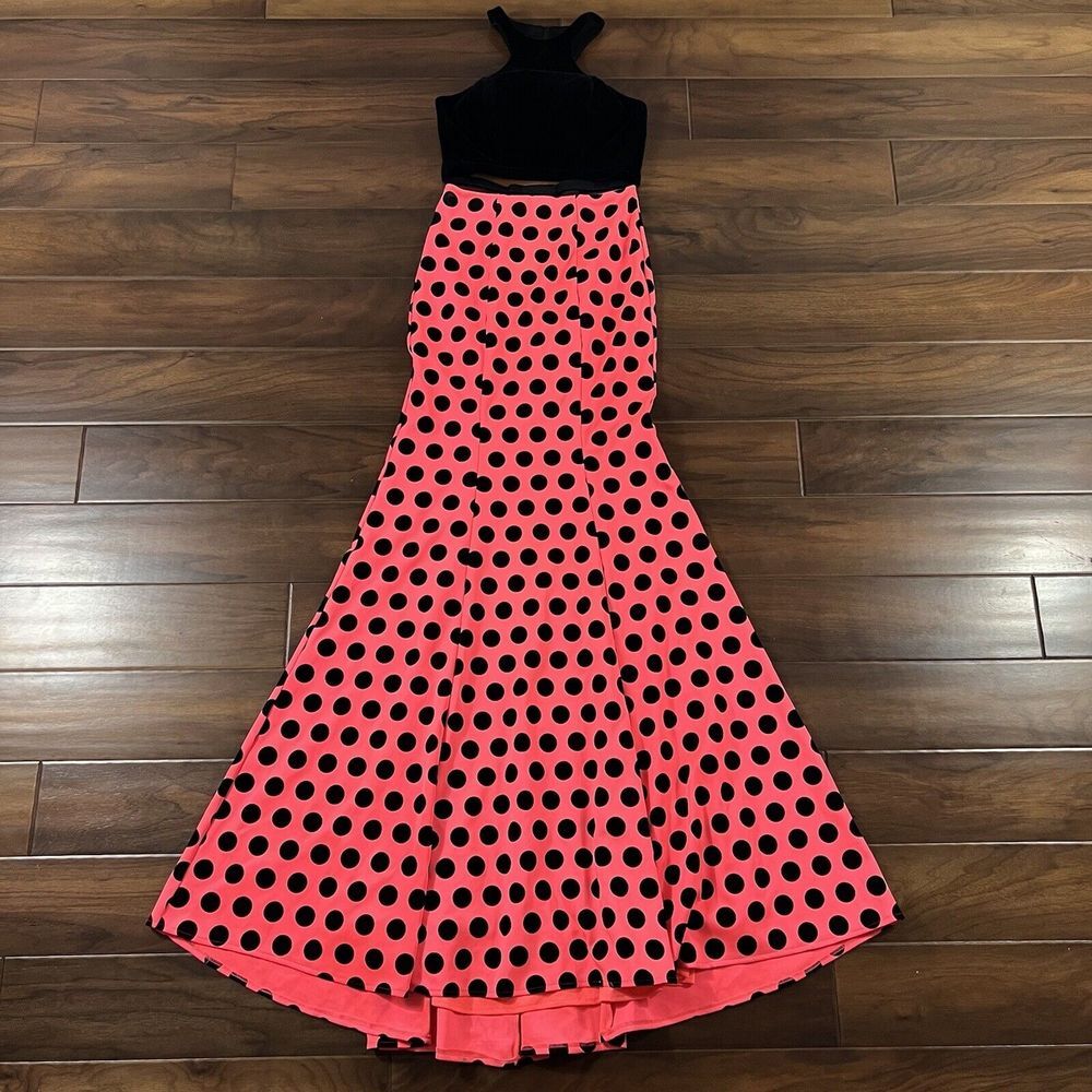La Femme Size 2 Pink Black Velvet Polka Dot 2 Piece Set Prom Dress Skirt‎